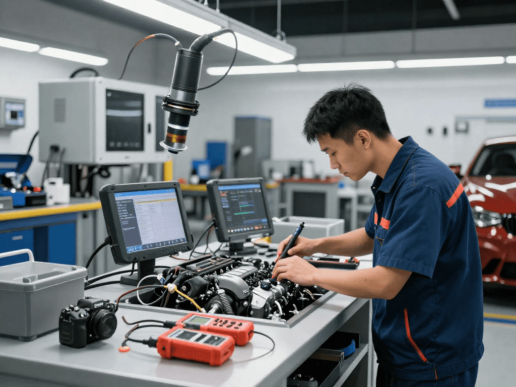 BMW Werkstatt Hannover, Mechaniker prüft Motor mit modernem Equipment in professioneller Werkstatt.