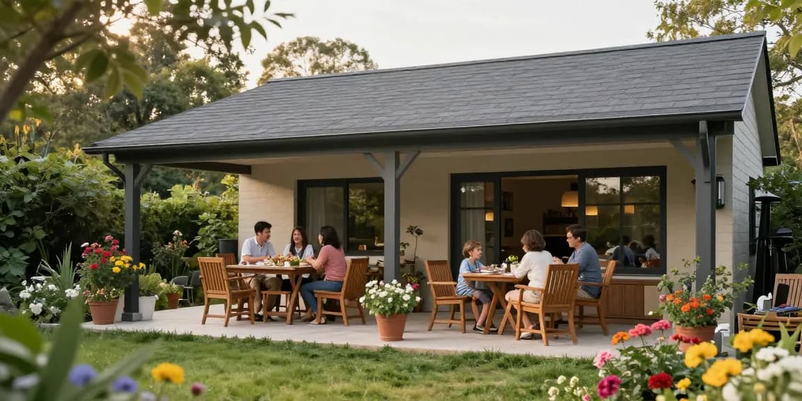 Freistehende Terrassenüberdachung im Garten mit Familie, die die Zeit im Freien genießt