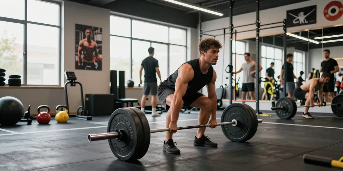 Ein Bodybuilder hebt Gewichte im Fitnessstudio mit Deus Medical Produkten zur Leistungssteigerung.