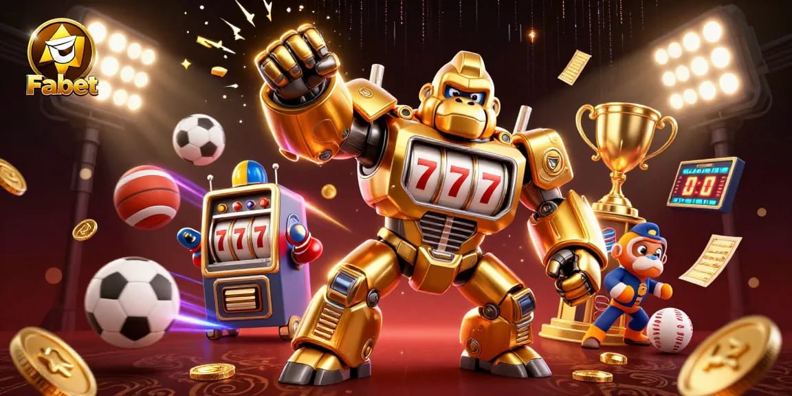 Experience Fabet's excitement with a vibrant 3D gorilla mech amidst dynamic sports elements and a luxurious backdrop.