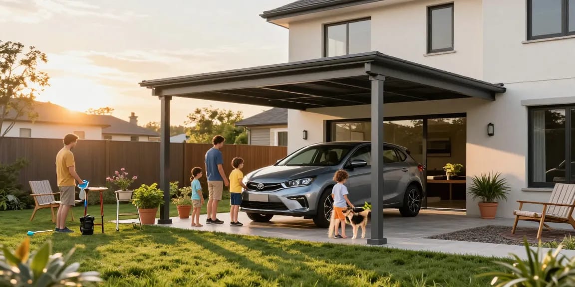 Moderne Carports in sonnigem Garten mit Familie und Auto, einladende Atmosphäre.