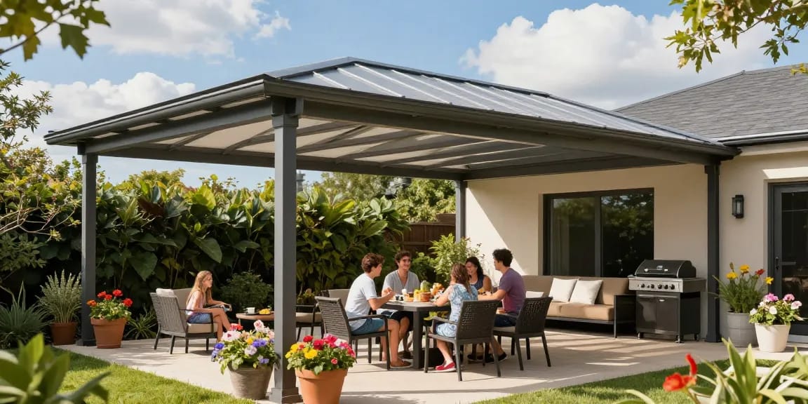 Moderne Terrassenüberdachung aus Aluminium mit Familie im Garten an einem sonnigen Tag.