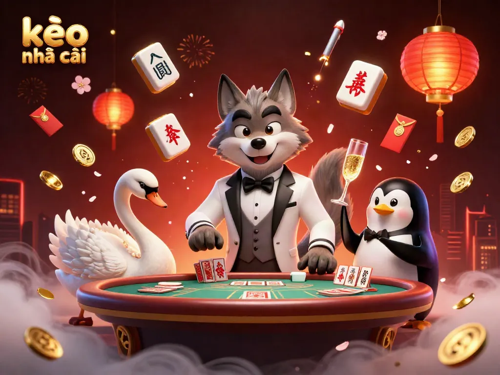 Engage with kèo nhà cái at an elegant baccarat table featuring a debonair wolf, an elegant swan, and a sophisticated penguin.