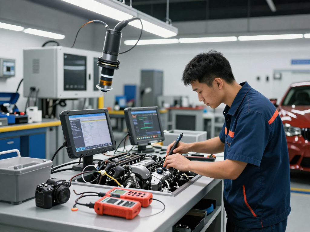 BMW Werkstatt Hannover, Mechaniker prüft Motor mit modernem Equipment in professioneller Werkstatt.