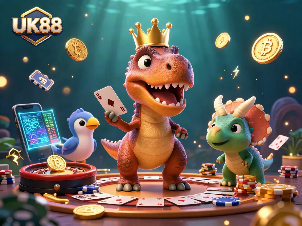 Experience the exciting world of UK88 with a T-Rex shuffling cards and dinosaurs stacking chips at a vibrant casino.