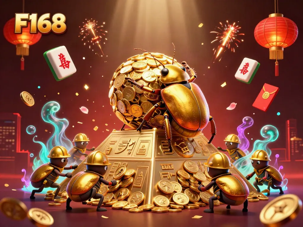 F168 features dynamic casino elements with a golden beetle rolling coins in a vibrant 3D illustration.