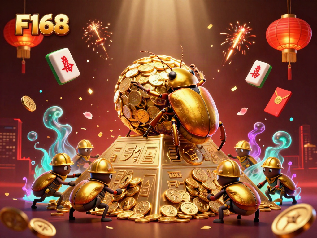 F168 features dynamic casino elements with a golden beetle rolling coins in a vibrant 3D illustration.