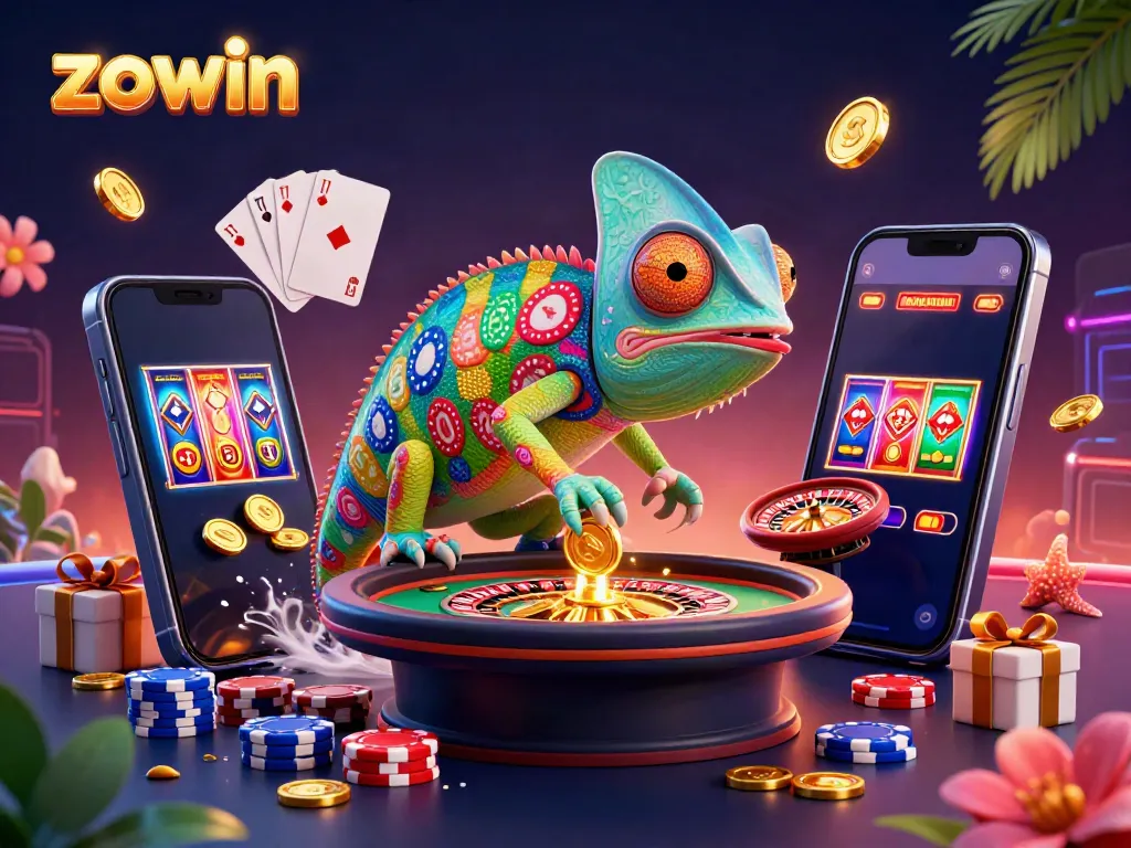 Zowin offers an exciting casino atmosphere featuring a colorful chameleon and vibrant gaming elements.