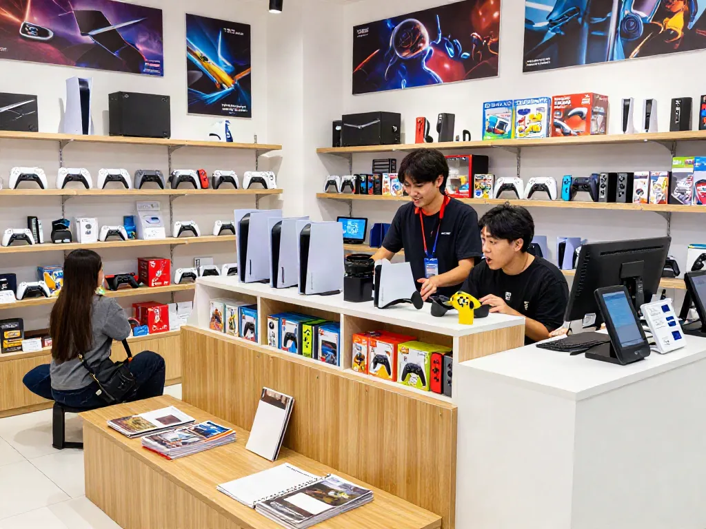 Vibrant game store scene featuring rokok88 slot consoles and accessories in Jakarta with friendly staff assisting customers.