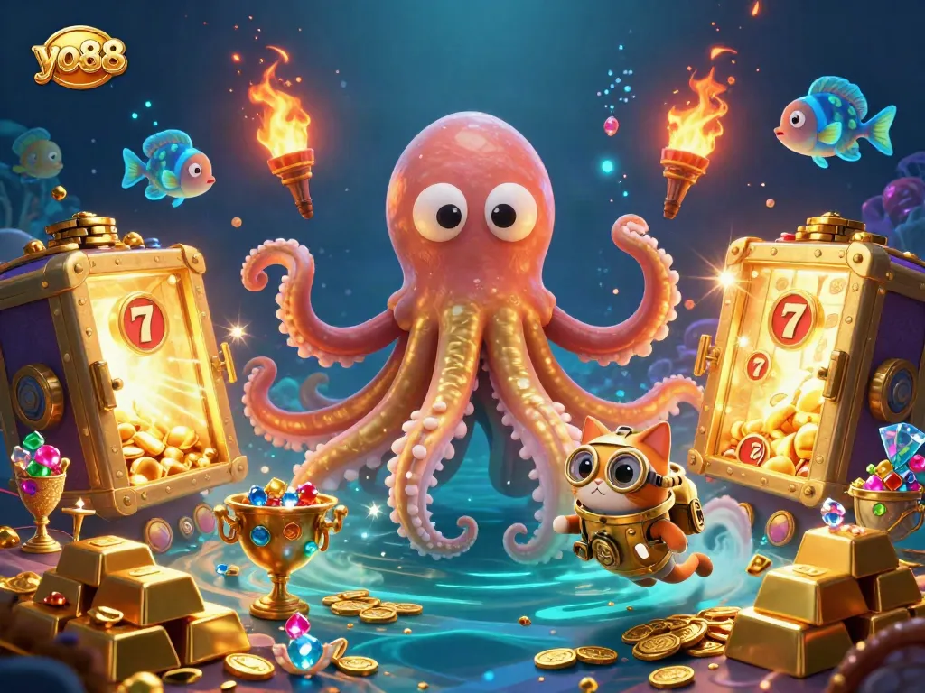 Engage with yo88 through this vibrant underwater treasure scene featuring a kraken and slots for an immersive experience.