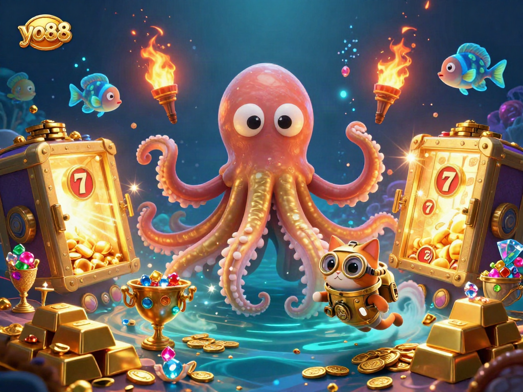 Engage with yo88 through this vibrant underwater treasure scene featuring a kraken and slots for an immersive experience.