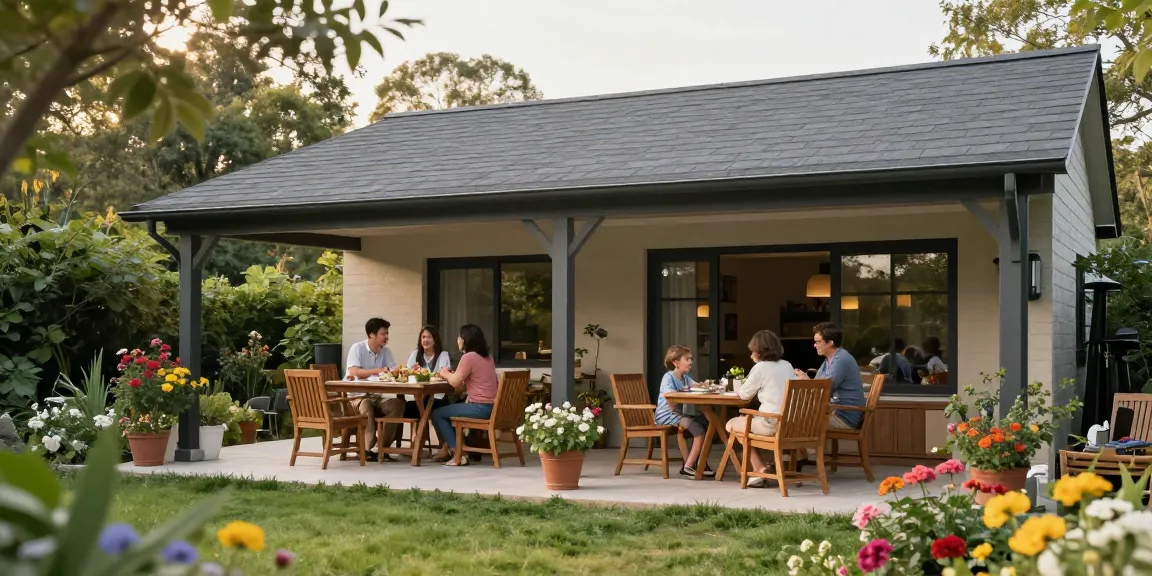 Freistehende Terrassenüberdachung im Garten mit Familie, die die Zeit im Freien genießt