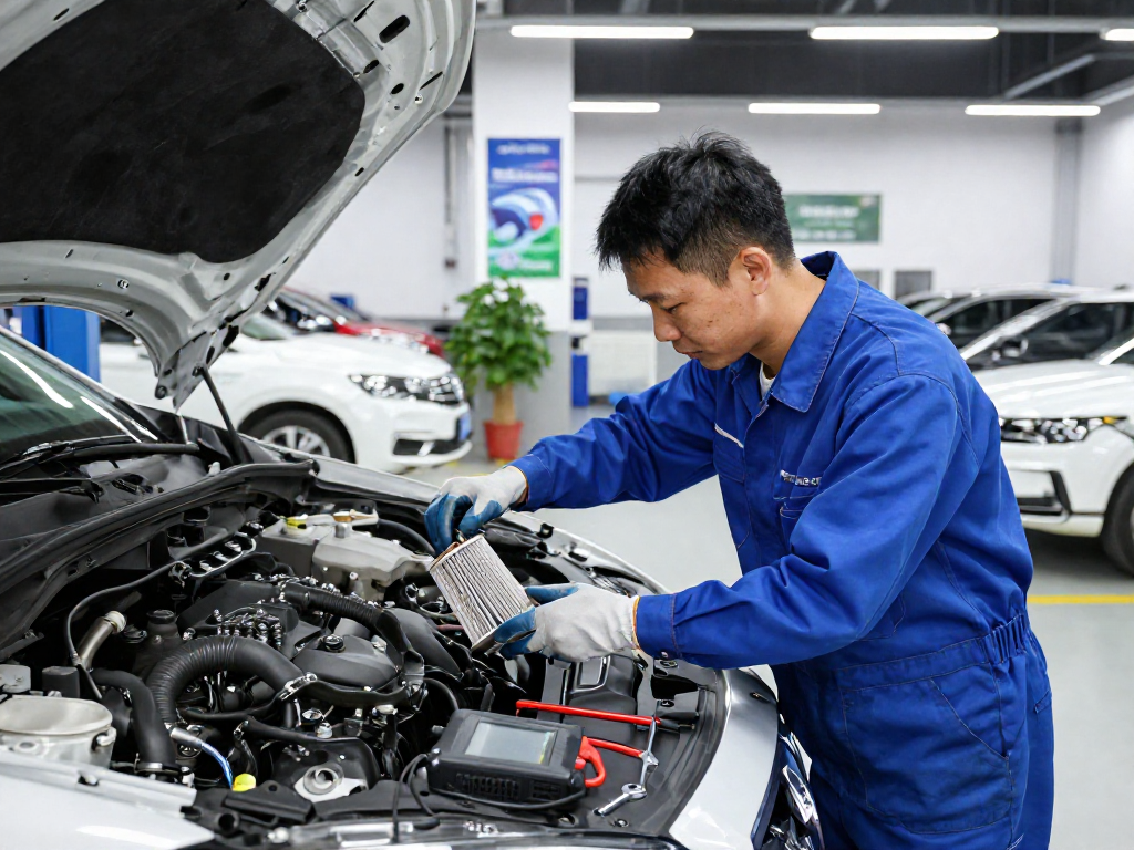 DPF Reinigung Hannover: Mechaniker inspiziert Dieselpartikelfilter in modernem Servicezentrum für Fahrzeugwartung.