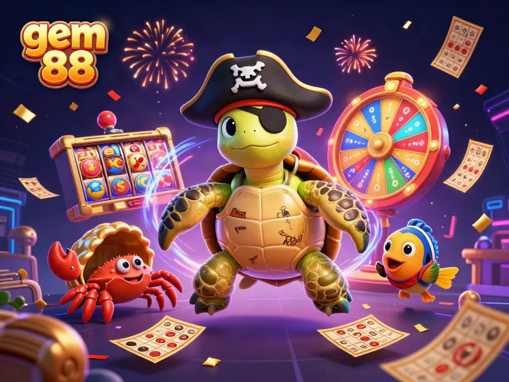 Engage with the vibrant game environment at gem 88, featuring animated characters and slot elements.