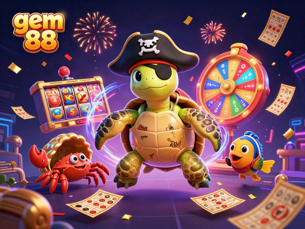 Engage with the vibrant game environment at gem 88, featuring animated characters and slot elements.