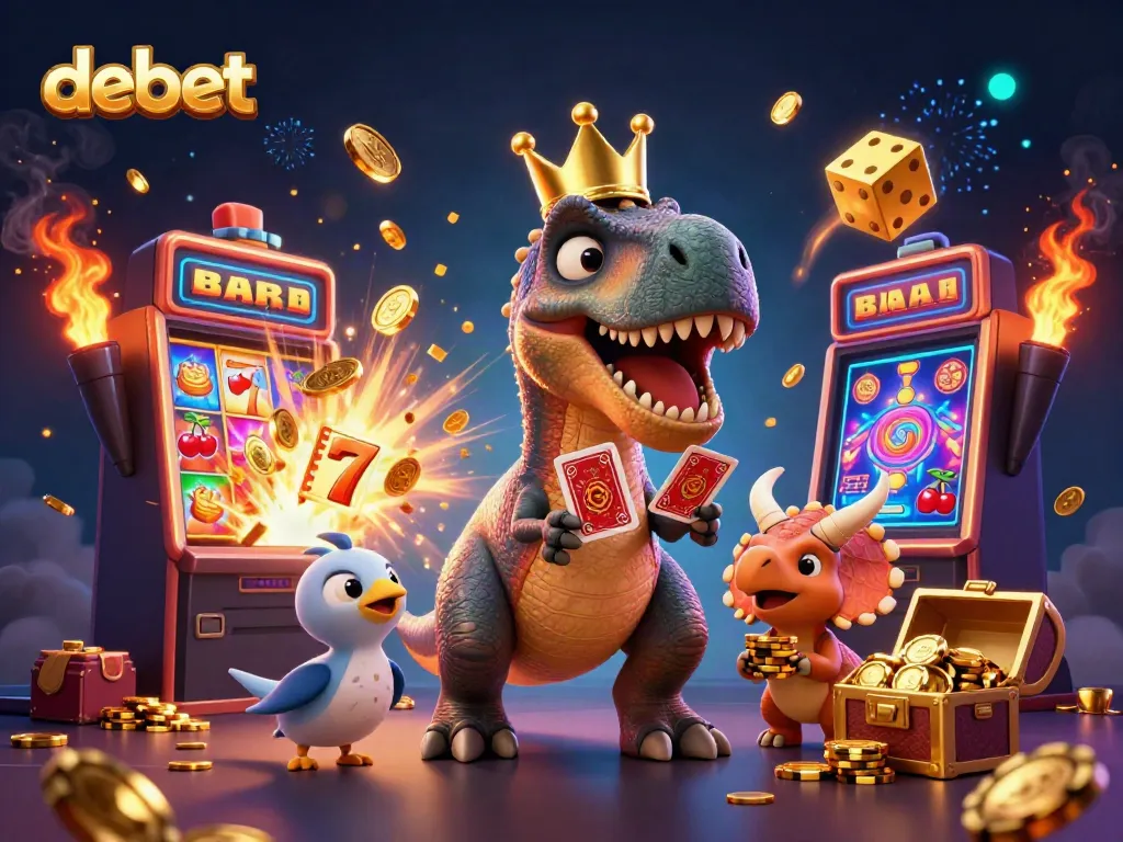 Engaging illustration of debet casino with cartoon characters and vibrant gaming elements for promotion.