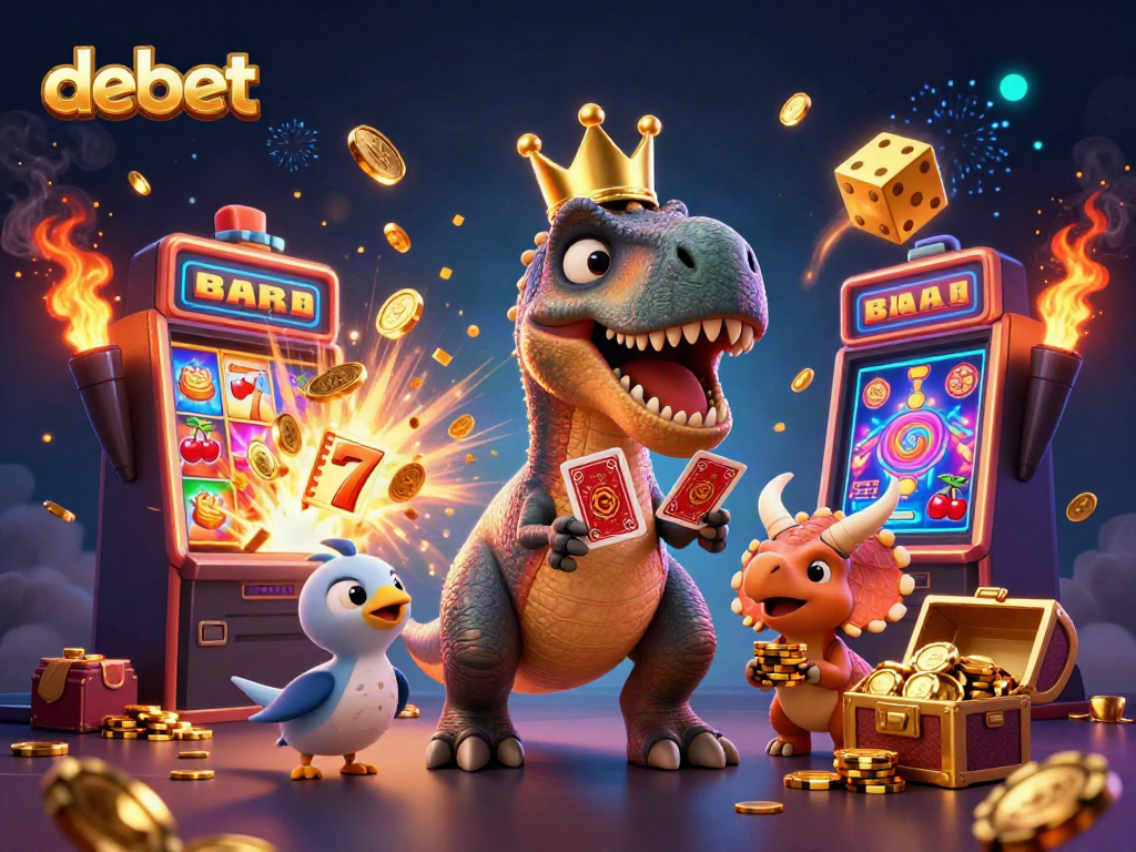 Engaging illustration of debet casino with cartoon characters and vibrant gaming elements for promotion.
