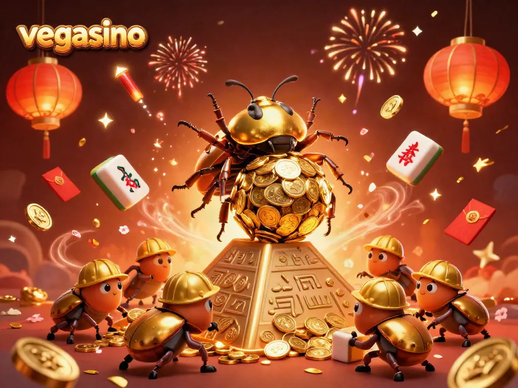 Experience high-stakes fun at vegasino, where golden beetles roll coins in a festive casino scene.