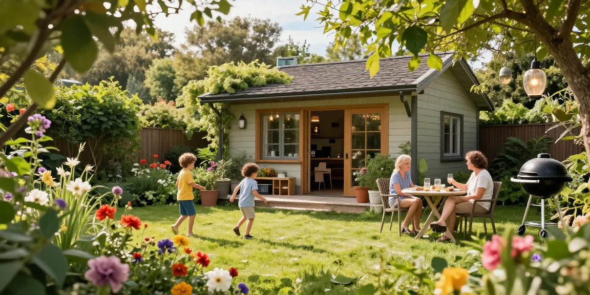 Gartenhaus umgeben von blühendem Garten und spielenden Kindern, gemütliche Atmosphäre im Freien.