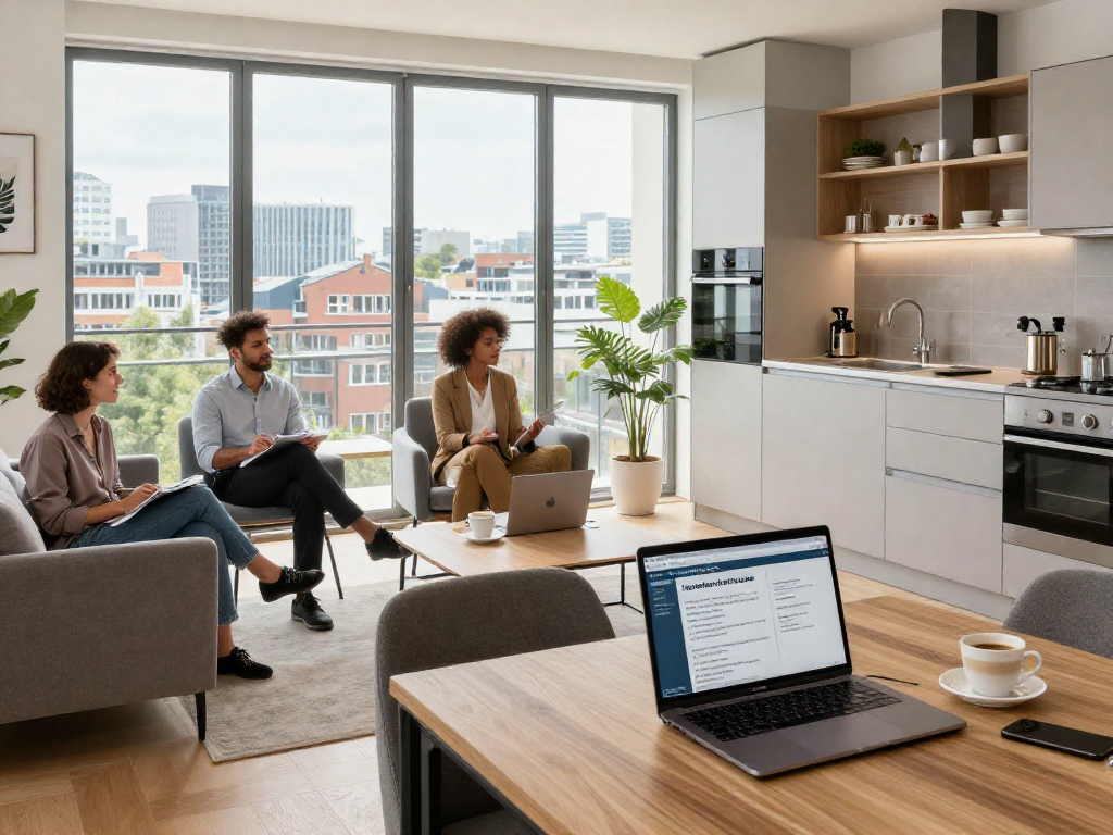 Moderne Monteurwohnung in Hannover mit voll ausgestatteter Küche und komfortablem Wohnbereich für Geschäftsreisende.