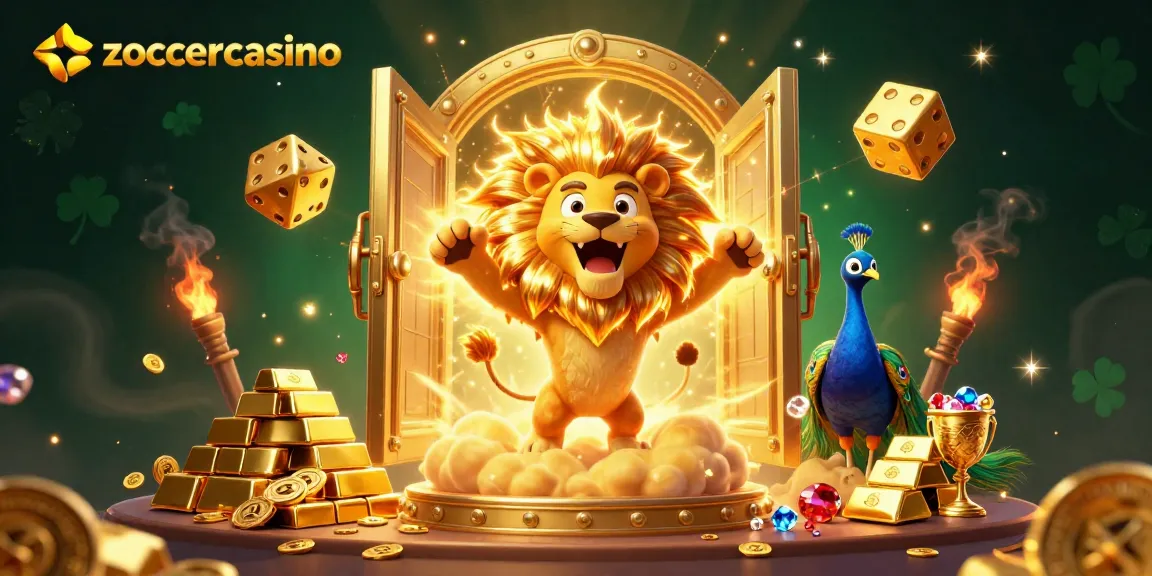 ZoccerCasino captivates with a vibrant 3D display of fortune, featuring golden elements and playful gaming symbols.