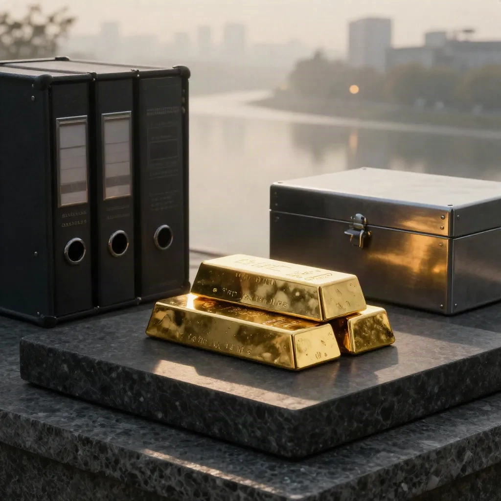 Goldbarren und Archivboxen auf dunklem Stein im Morgennebel, dramatisch beleuchtet.