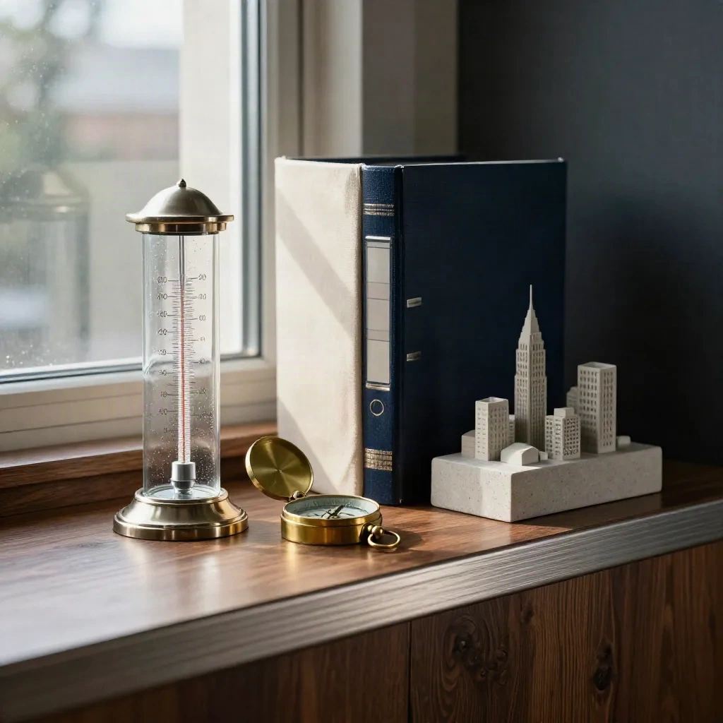 Analyse-Shelf mit Wetterglas, Messingkompass, Ordner und Stadtmodell im warmen Fensterlicht.
