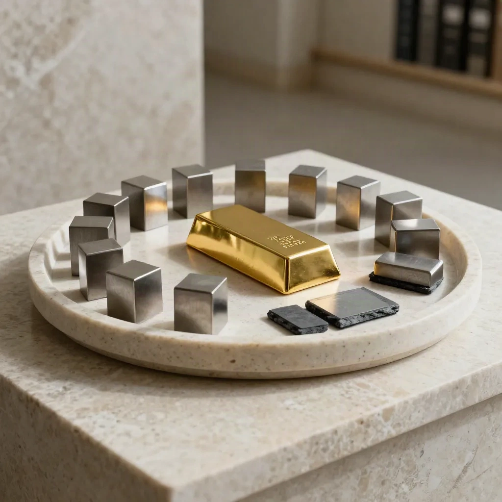 Goldbarren, Metallgewichte und kleiner Tresor auf Travertin im Vault-Look
