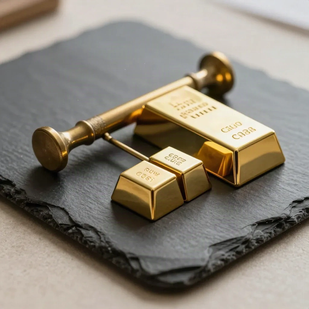 Messing-Bondrohr und Goldbarren auf Schiefertray mit blanken Fälligkeitsmarkern