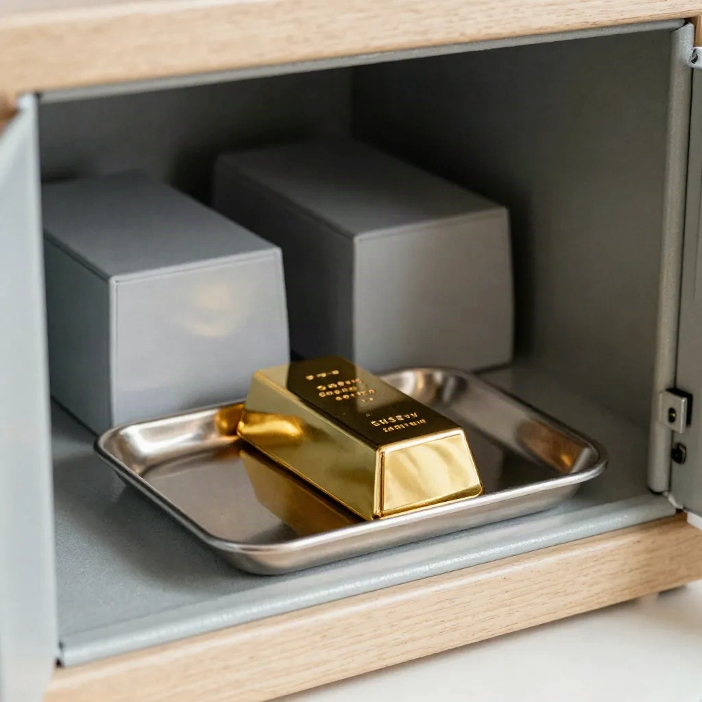 Goldbarren, Metalltablett und zwei Reserveboxen im Haushaltssafe
