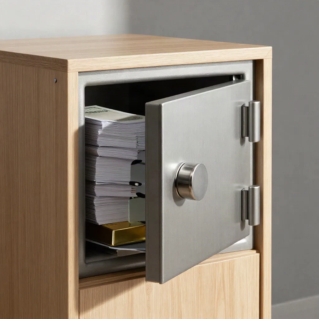 Offener Reserve-Schrank mit Safe, Bargeldhüllen und Goldbarren in ruhigem Licht