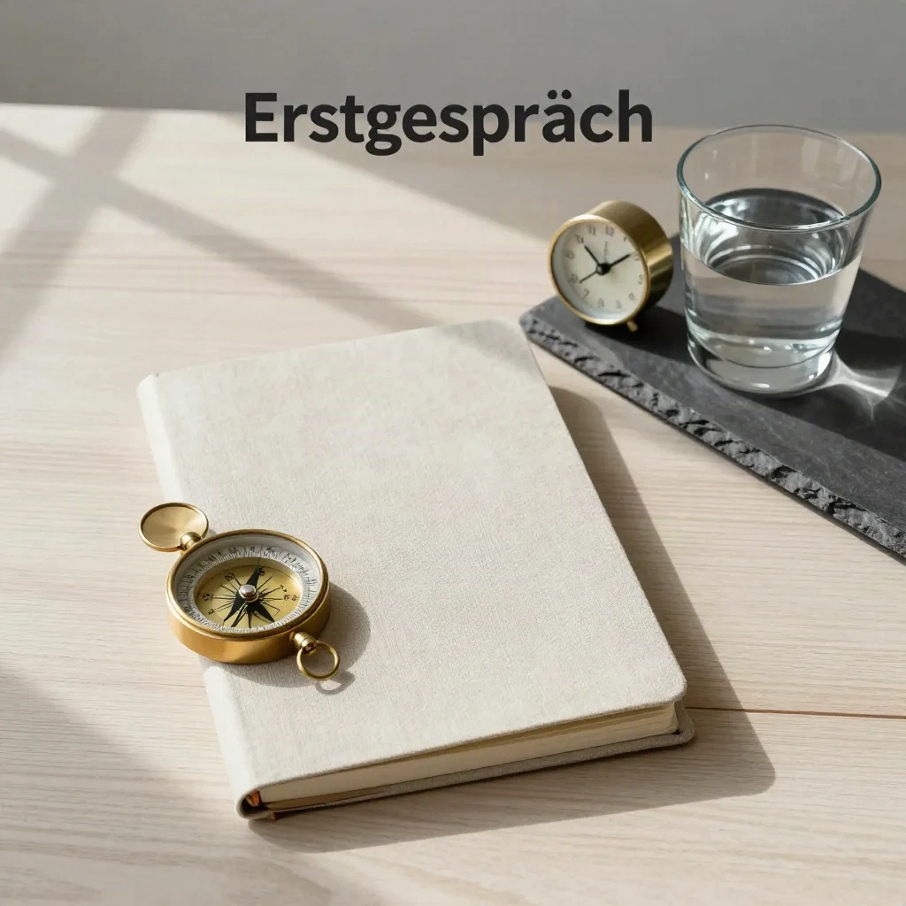 Brasskompass, Notizbuch, Uhr und Wasserglas auf heller Holzfläche im Erstgespräch-Moment