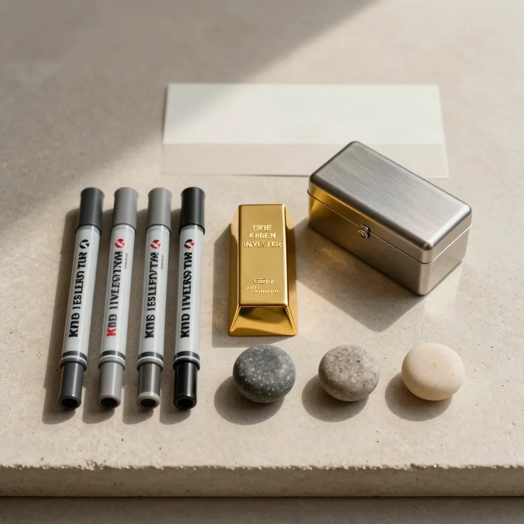 Goldbarren, Bond-Rollen und Steingewichte im präzisen Flatlay auf Beton.