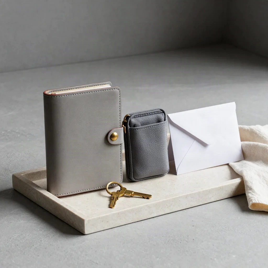 Portfolio-Kit mit Ledermappe, Messingring und Reserveumschlag auf Steinschale