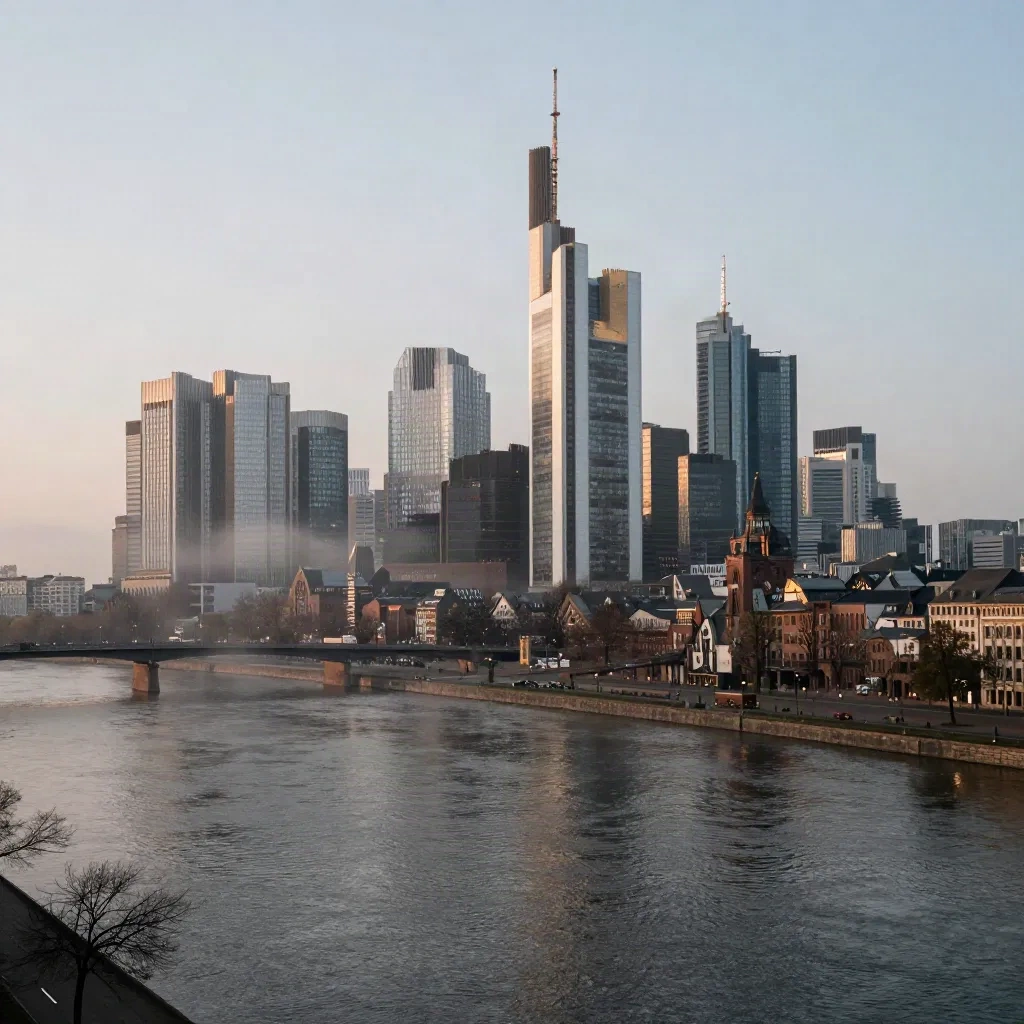 Frankfurter Skyline über dem Main in bläulicher Dunststimmung mit ruhiger Wasserfläche