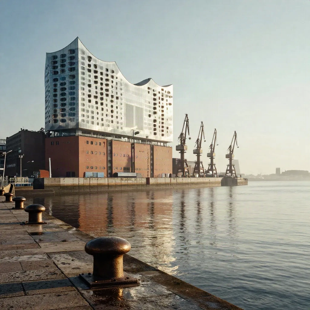 Elbphilharmonie und Hafenkräne über ruhigem Tidewasser im goldenen Abendlicht.