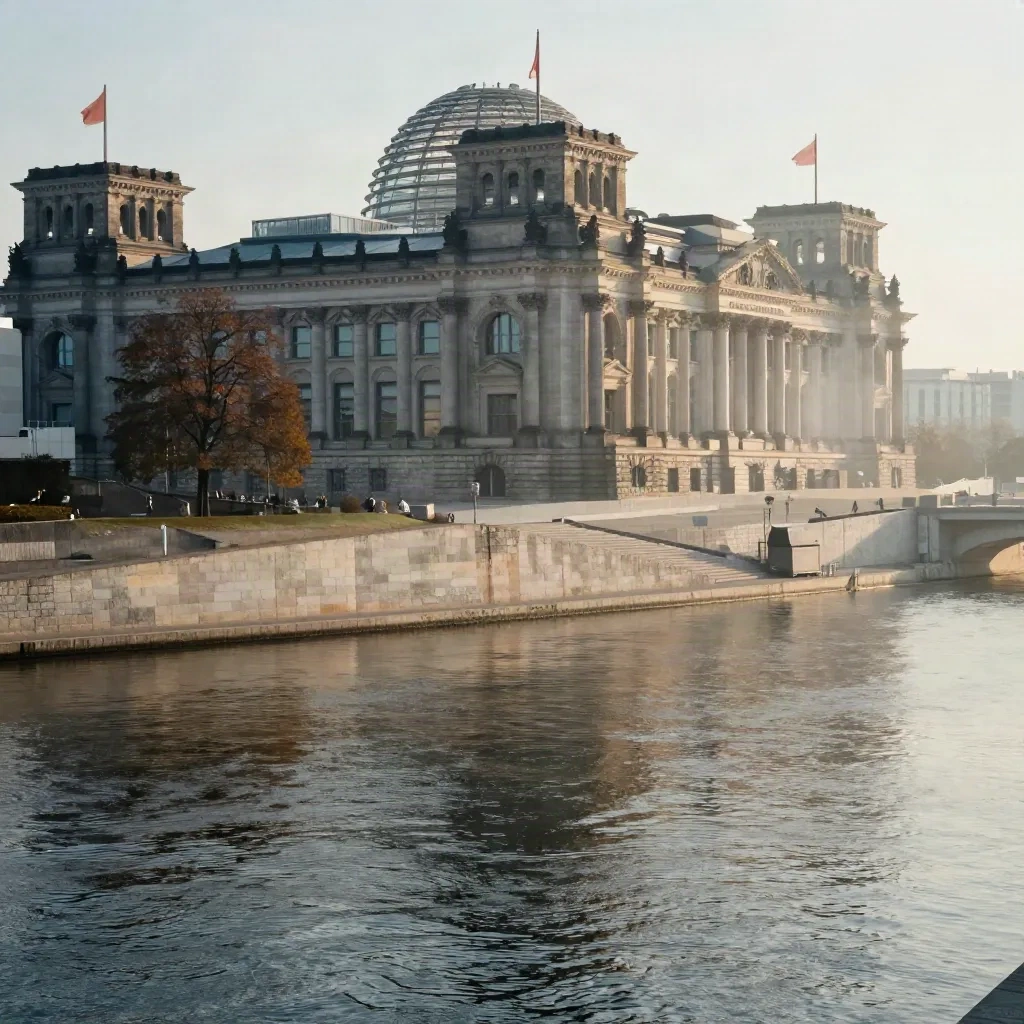 Reichstagskuppel über der Spree im goldenen Dunst, ruhige Uferzone für Text.