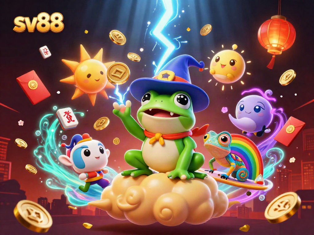 Experience the excitement of sv88 with a vibrant 3D illustration showcasing a wizard frog and chameleon amidst stunning casino elements.