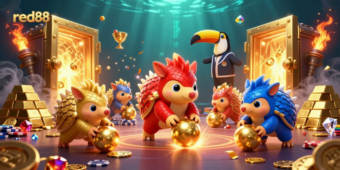 Engaging red88 experience with pangolins bowling through golden chips and treasures in a vibrant casino.