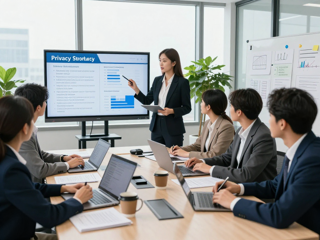 Startseite mit Datenschutzberatung: Team bei Meeting über Datenschutzstrategien.