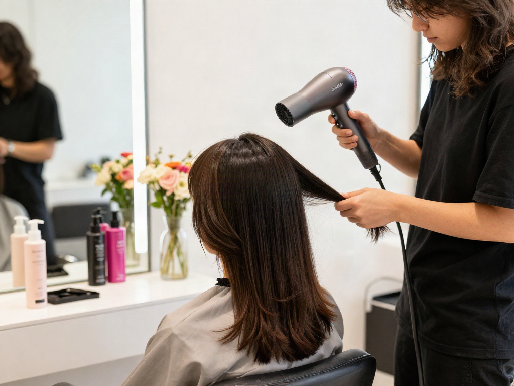 Der beste ionen haartrockner im Einsatz in einem modernen Beauty-Salon zur Haarstyling.