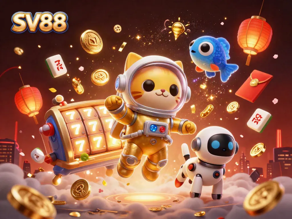 SV88 showcases an exciting scene with a space astronaut cat and robot dog, surrounded by slot games and lucky elements.