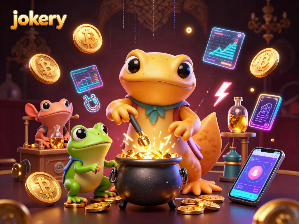 Win big at jokery with the golden alchemist and crypto elements in a vibrant casino scene.