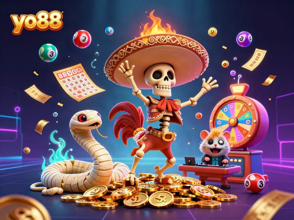 Experience excitement at yo88 with vibrant casino elements featuring lively characters dancing on golden coins.