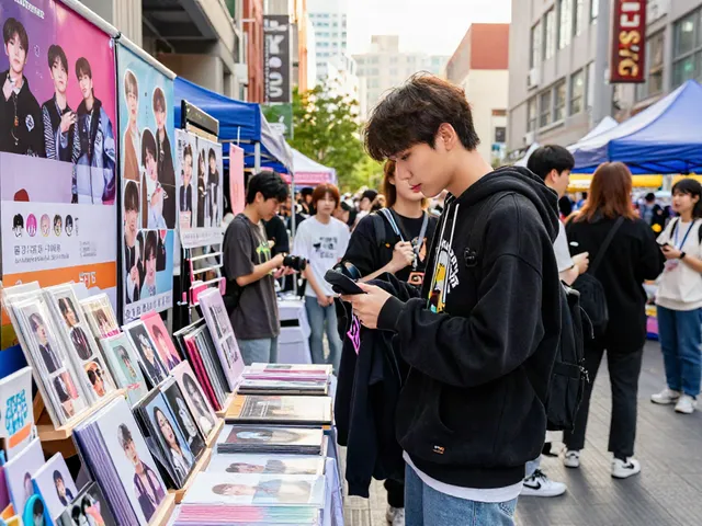 Fan exploring rokok 88 BTS merchandise in a lively outdoor pop-up shop.