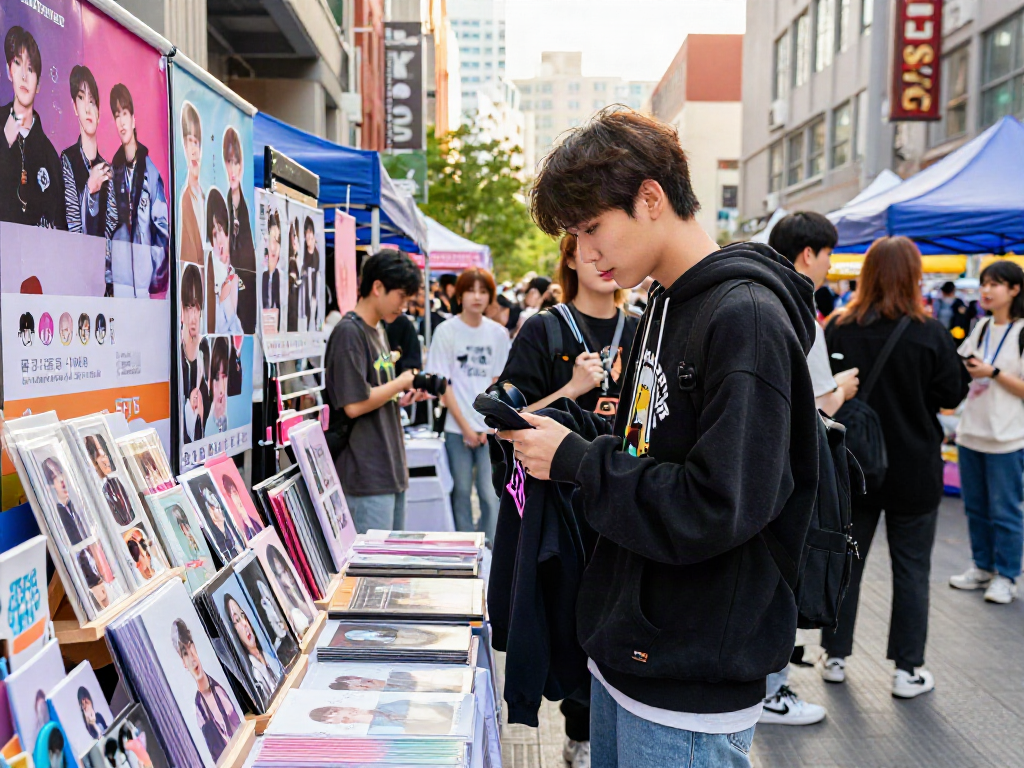 Fan exploring rokok 88 BTS merchandise in a lively outdoor pop-up shop.