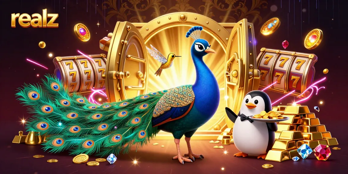 Engage with the vibrant realz casino scene featuring a peacock, butler, and hummingbird surrounded by slot elements and treasures.