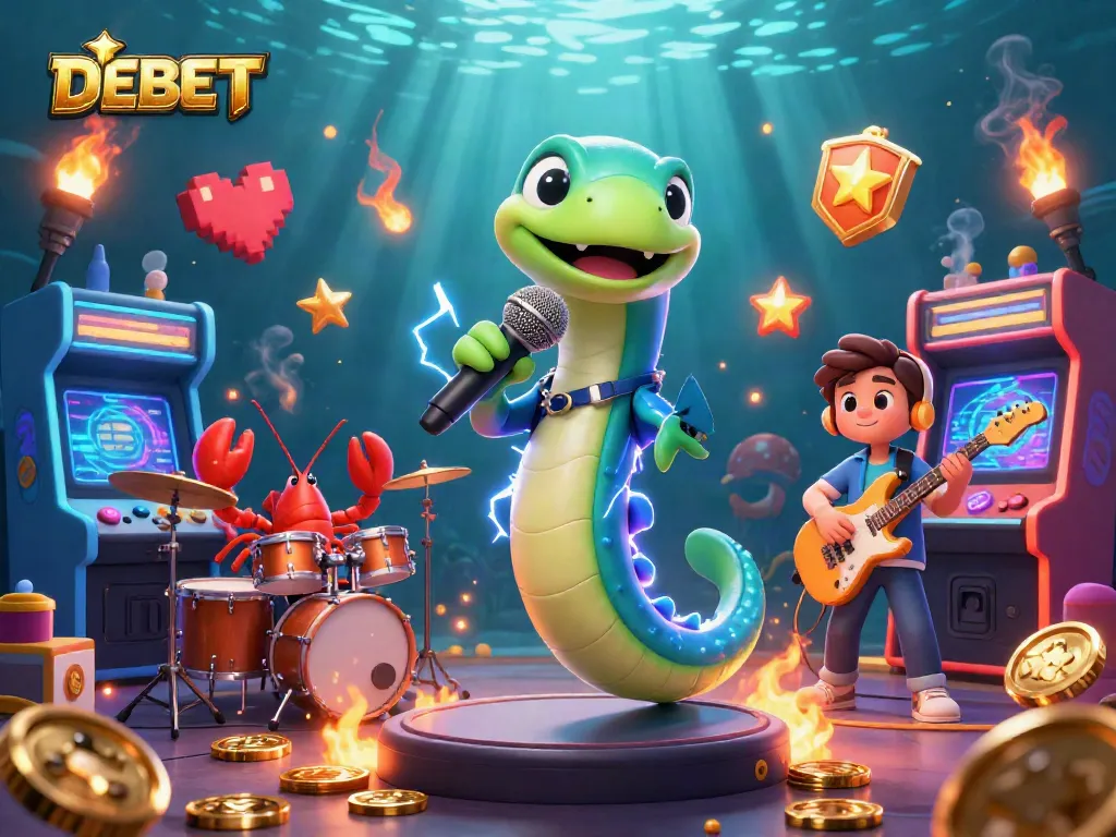 Engaging performance at DEBET's underwater casino stage featuring vibrant characters and gaming elements.
