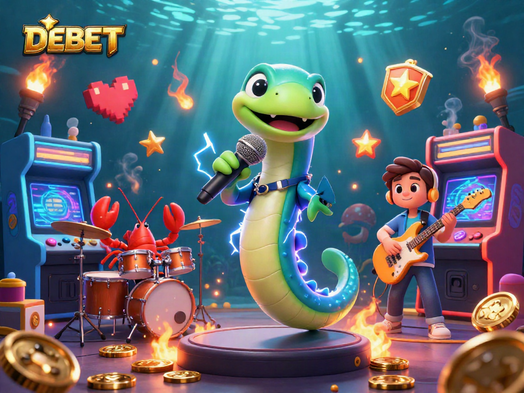 Engaging performance at DEBET's underwater casino stage featuring vibrant characters and gaming elements.