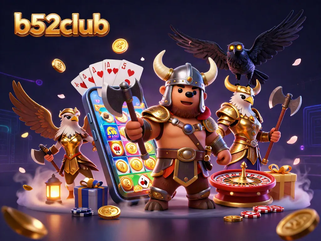 Experience the excitement of b52club slots with Viking fantasy characters and vibrant casino elements.